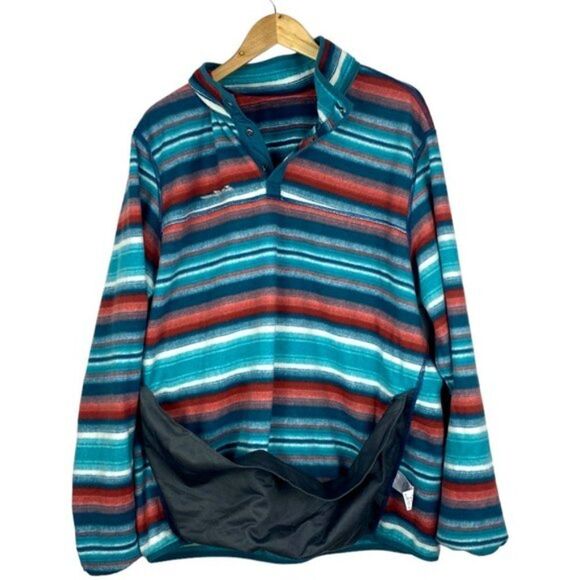 EDDIE BAUER Mens Green Orange Striped 1/4 Button Fleece Mock Neck Sweater US 2XL - Picture 4 of 9